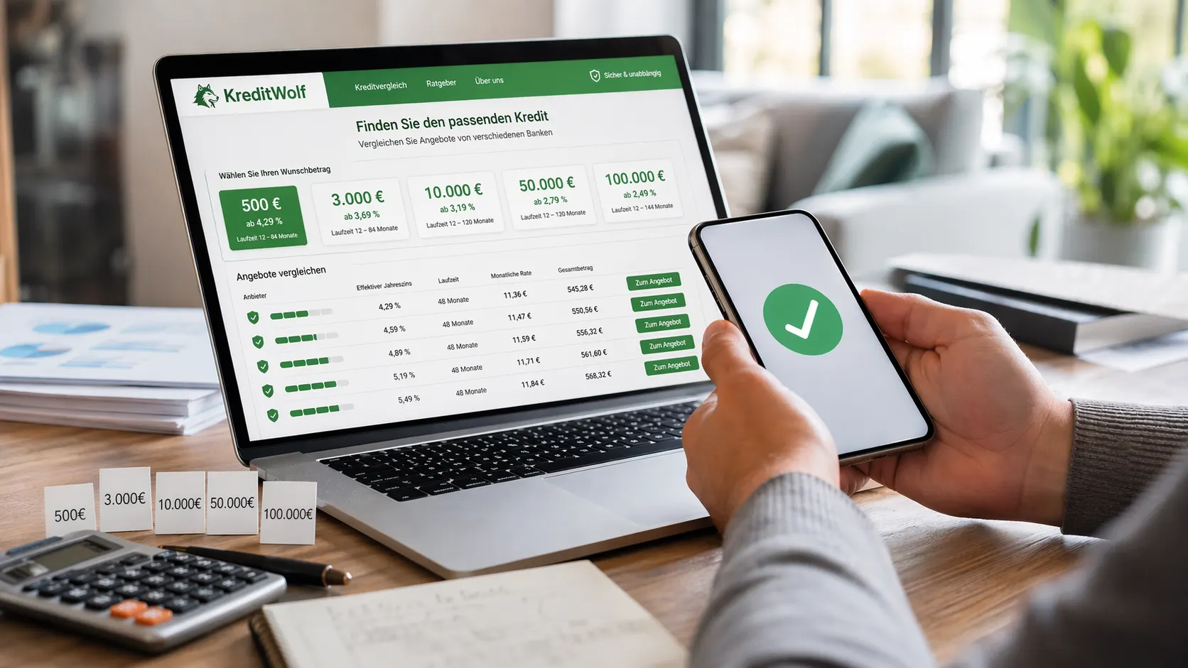 Kredit nach Betrag von 500 bis 100.000 Euro vergleichen